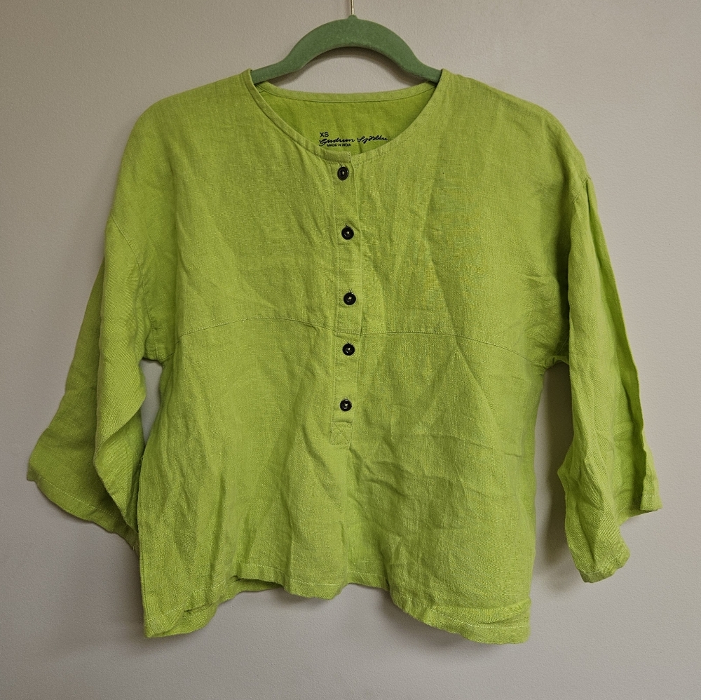 Gudrun Sjoden Lime Green Button Front Linen Slub Blouse Top Size XS Lagenlook